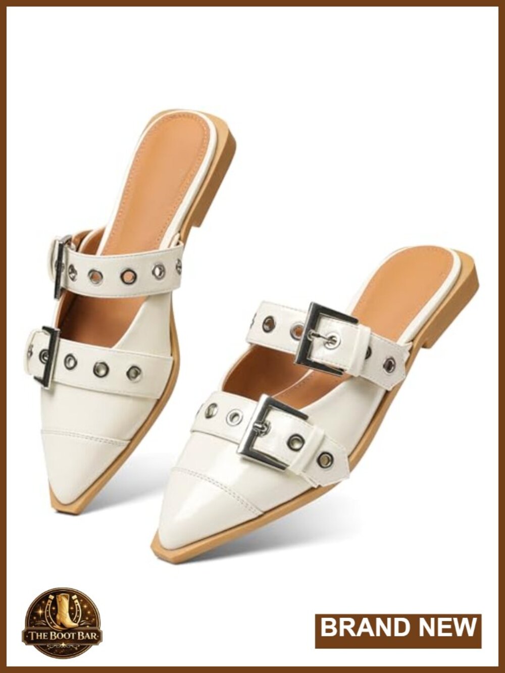 Faux Leather Mary Jane Flats Pointy Toe Mules Low Block Heel Comfort Buckle